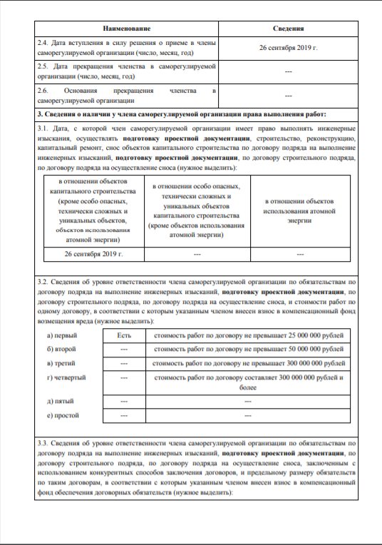 Выписка из реестра членов саморегулируемой организации от 26 сентября 2019г